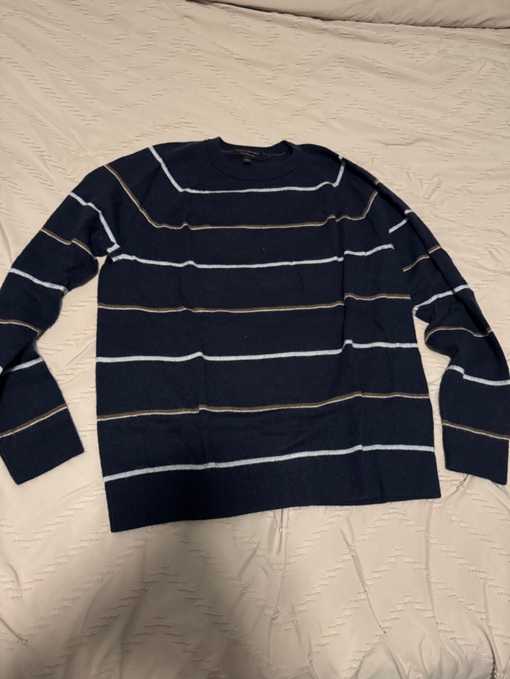 Banana Republic Navy Crewneck Sweater with White and Tan Stripes